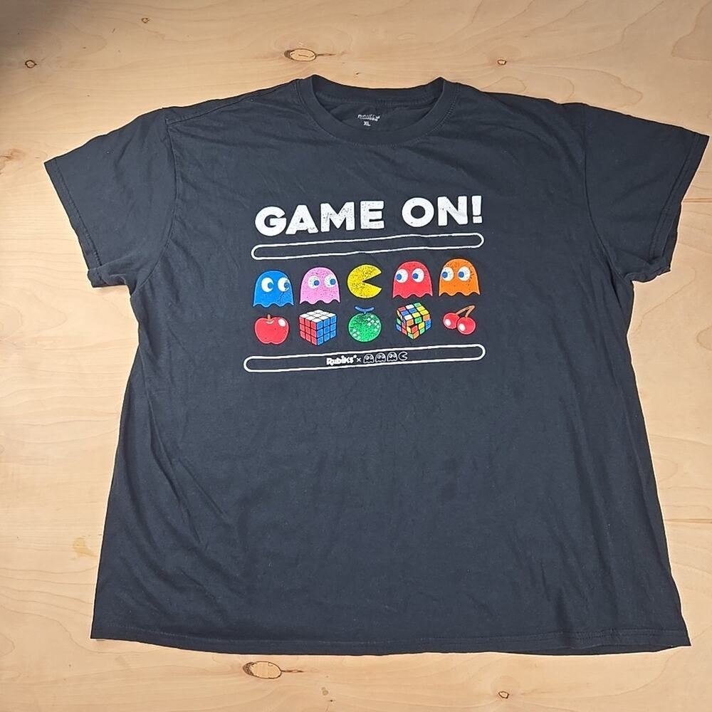 Brisco Brands Mens XL Pac Man Game On Rubiks Cube Black T-shirt